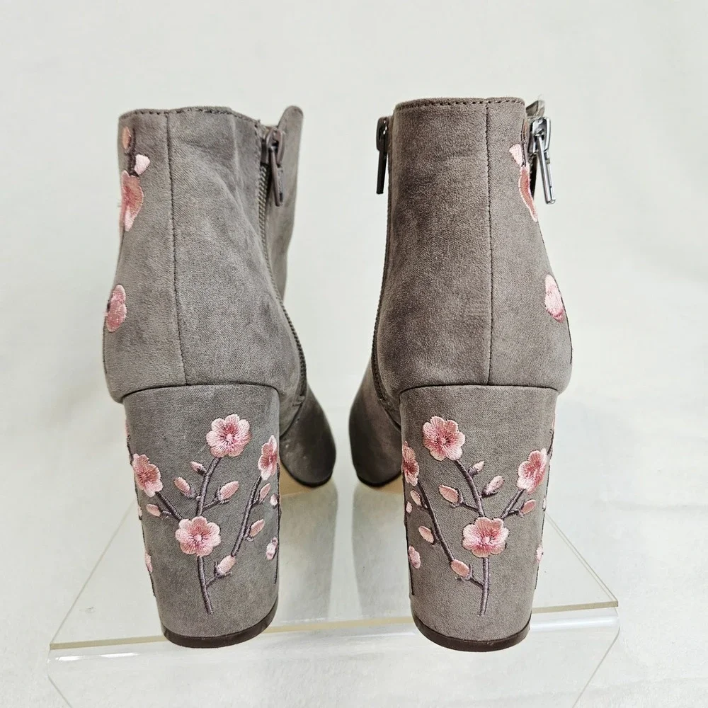 Candie's Taupe Floral Embroidered Peep Toe Ankle Boots 7.5 Boho Cottagecore